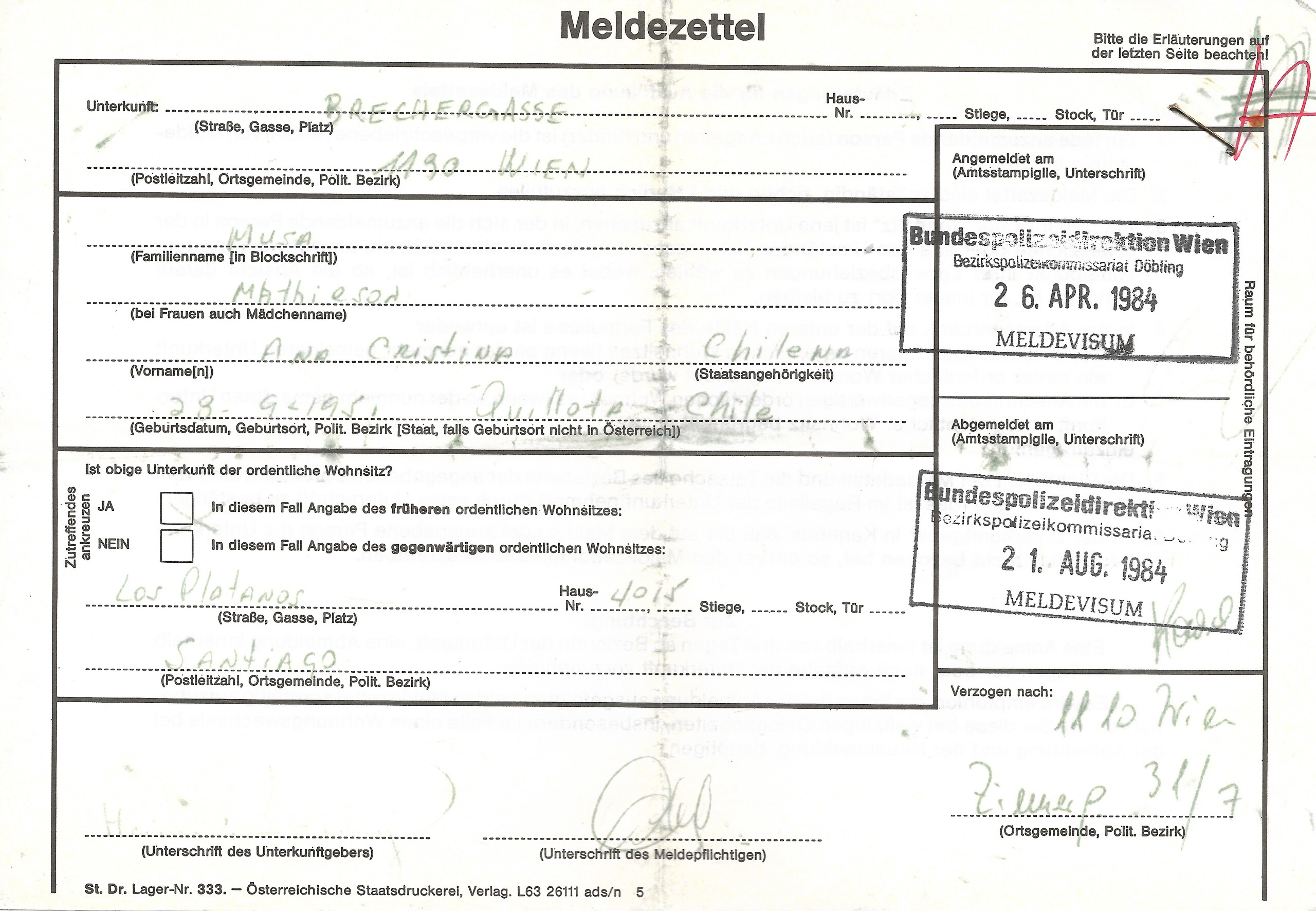 Primer registro de residencia (&quot;Meldezettel&quot;) en Viena   ||   Erster Meldezettel von Cristina Musa