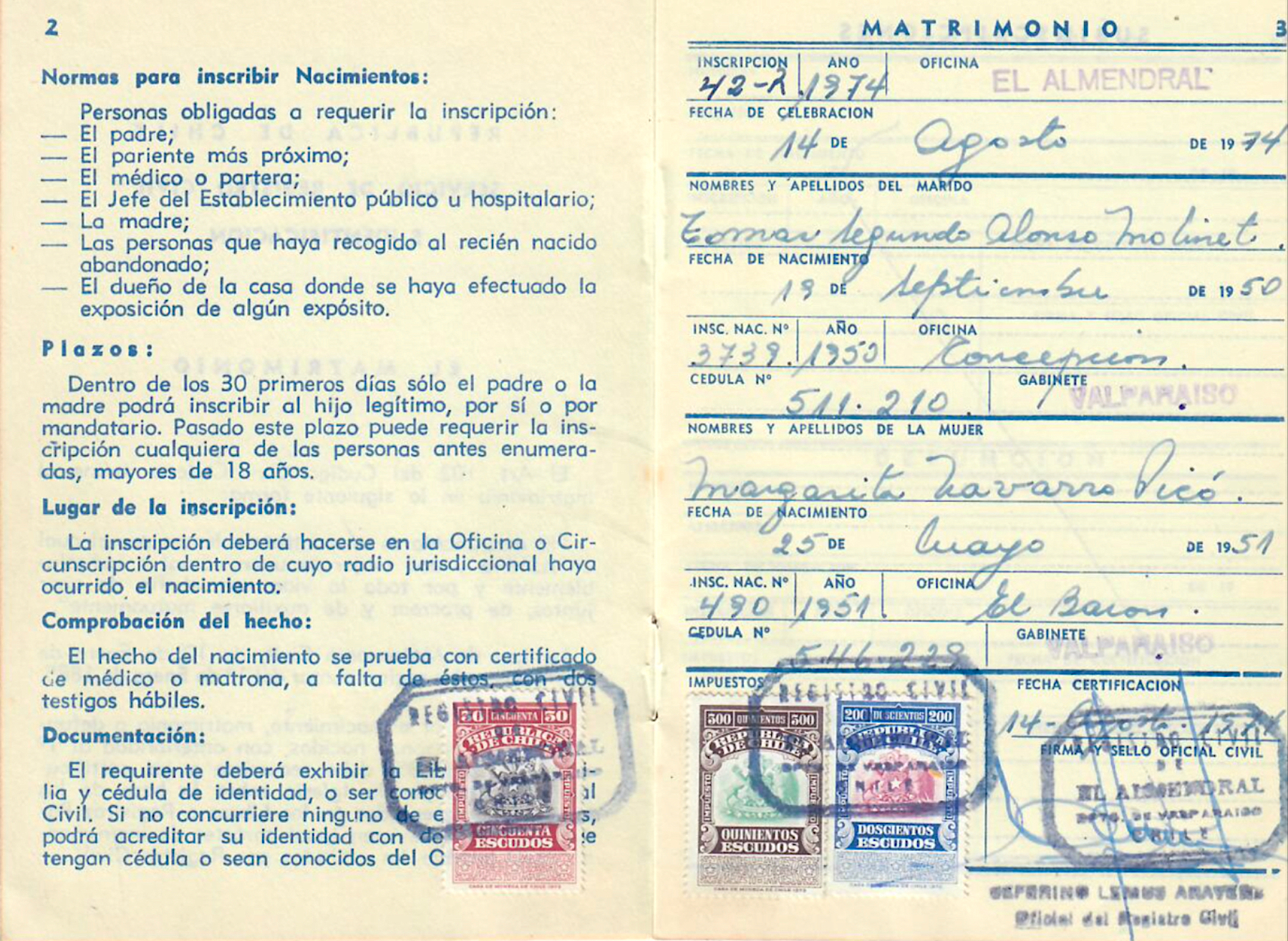 Libreta de matrimonio de la Cárcel de Valparaíso   ||   Heiratsurkunde, ausgestellt im Gefängnis von Valparaíso