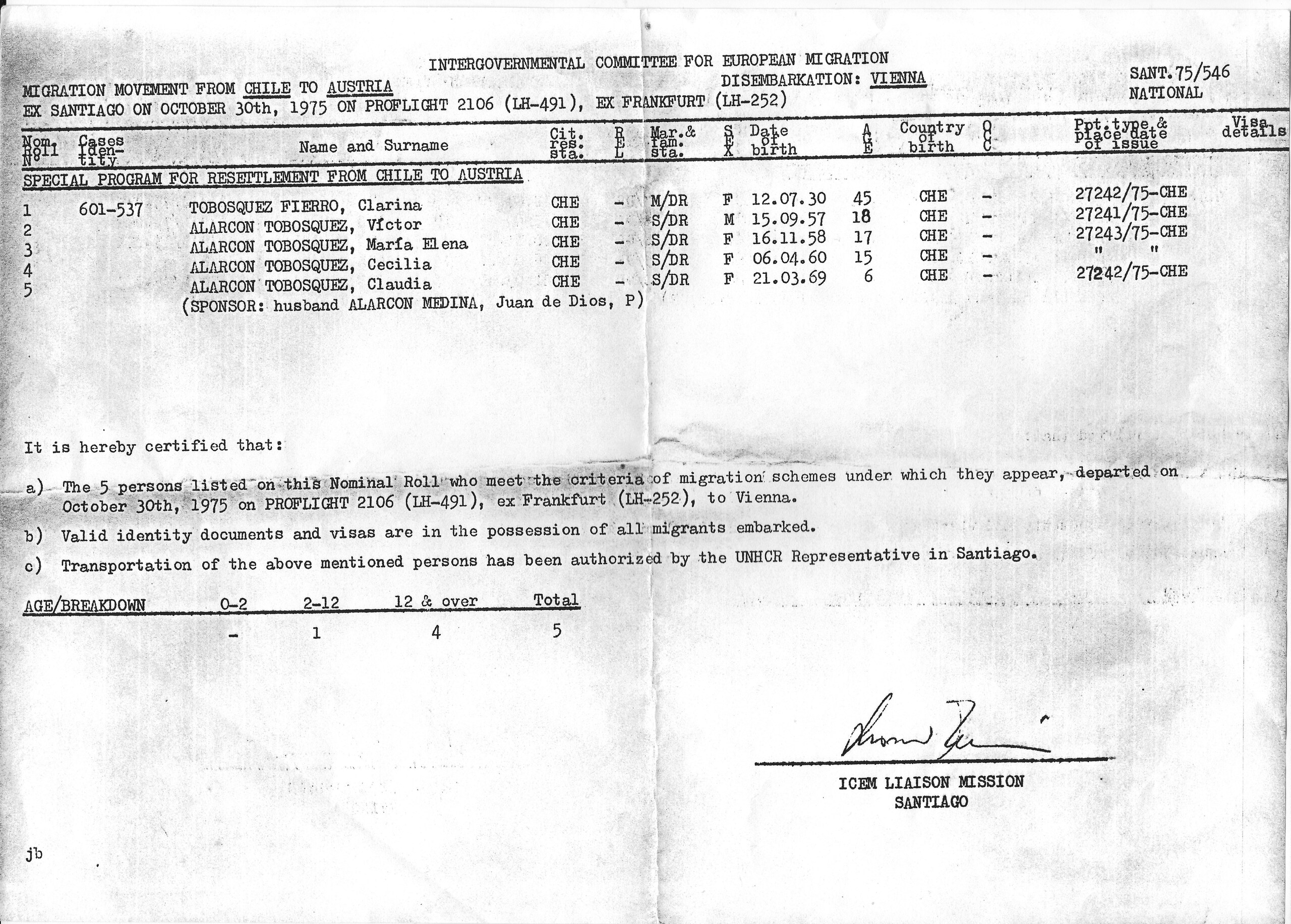 Documento autorizando la salida de Santiago con motivo de reunificación familiar   ||   Ausreisebestätigung aus Santiago im Zuge der Familienzusammenführung