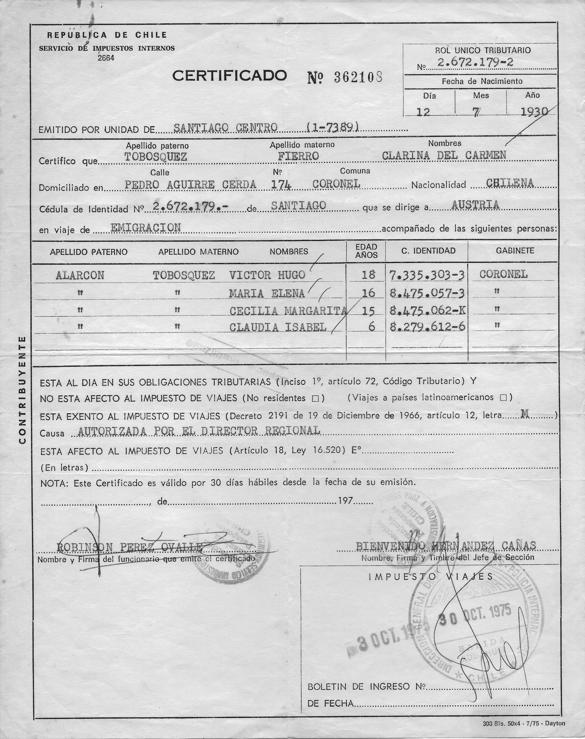 Documento del estado tributario en Chile antes de salir del país   ||   Dokument über den chilenischen Steuerstatus vor dem Verlassen des Landes