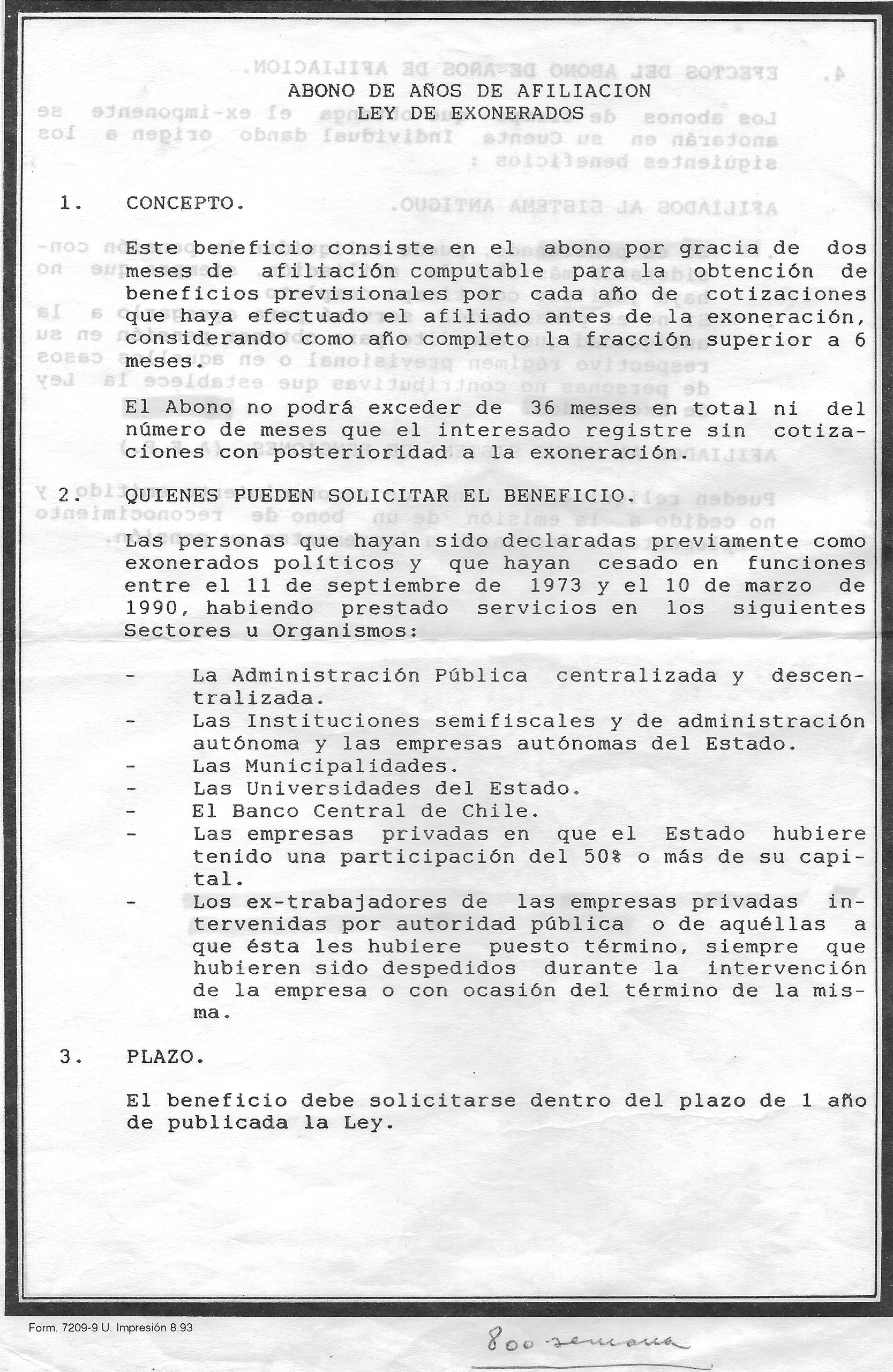 Hoja informativa sobre Abono de Años de Afiliación, según la Ley de Exonerados (Ley 19.234)   ||   Informationsblatt über Beitragsgutschriften entsprechend dem Gesetz  Nr. 19.234 (Gesetz über aus politischen Gründen Entlassene)